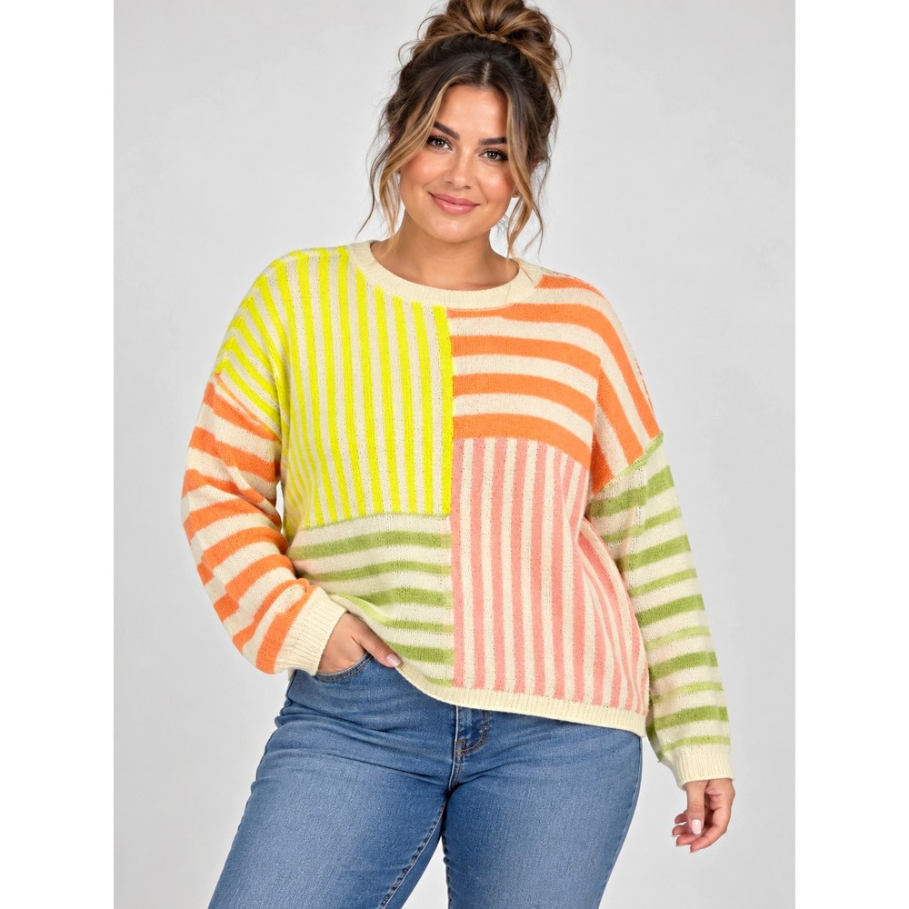 Very J Women's Multicolor Colorblock Striped Knit Sweater Orange Yellow Pink L